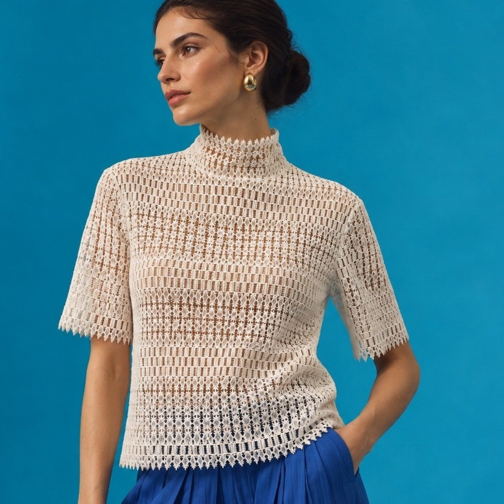 Thierry Colson Lace Top Womens Ivory High Neck Short Sleeve Blouse Small Luxury
